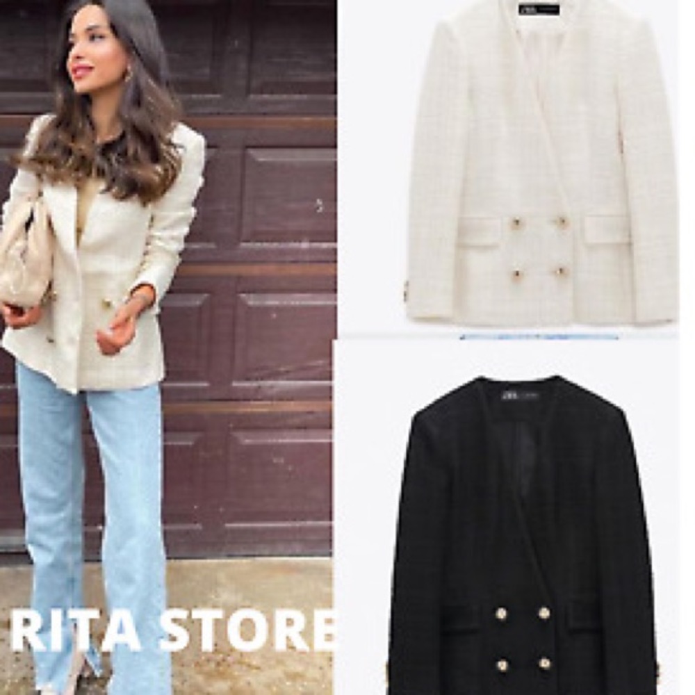 Zara DOUBLE BREASTED TEXTURED WEAVE TWEED BLAZER